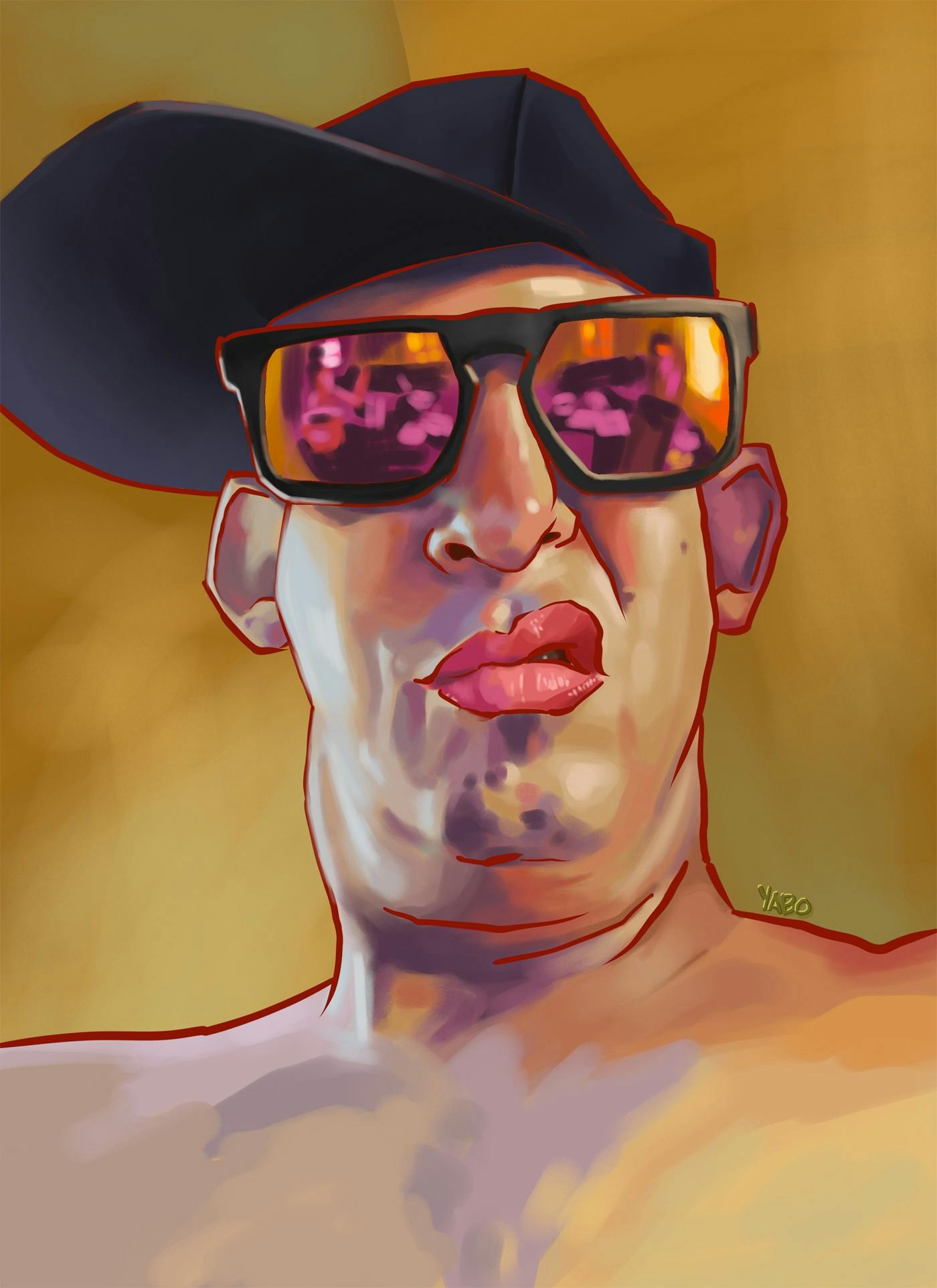 A painterly portrait illustration of a sneering man wearing an off-centre baseball hat and sunglasses.