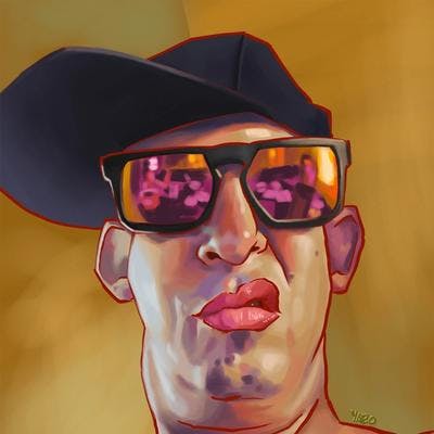 A painterly portrait illustration of a sneering man wearing an off-centre baseball hat and sunglasses.